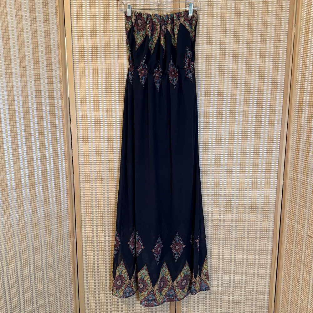 Love Tree Black Strapless Maxi Dress with Multicolor Paisley Trim